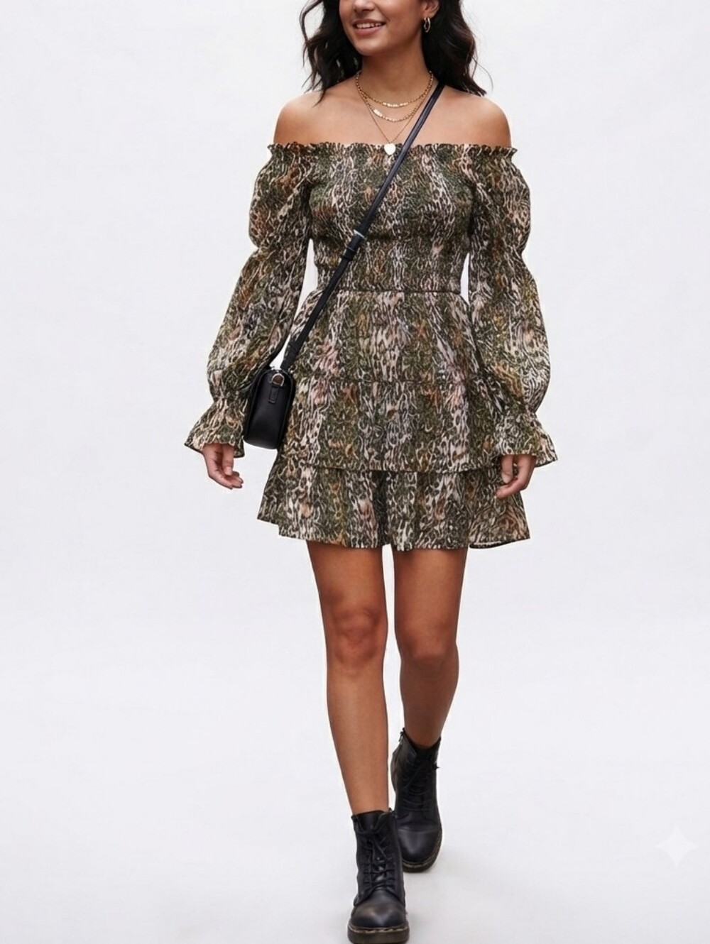Nasty Gal Green Animal Print Off-The-Shoulder Bardot Mini Dress - NWT US 0 / UK